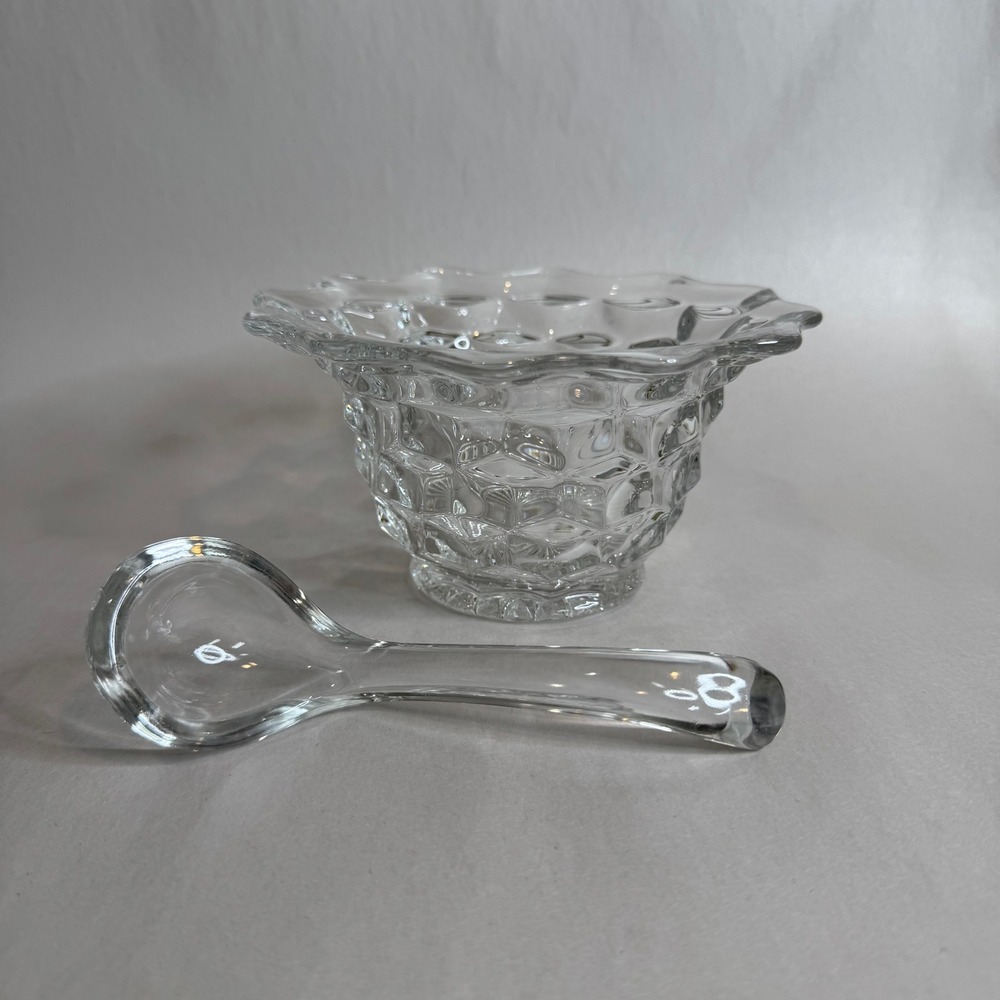 Vintage Fostoria American Clear Glass Mayonnaise Bowl with Ladle Ruffled Edge